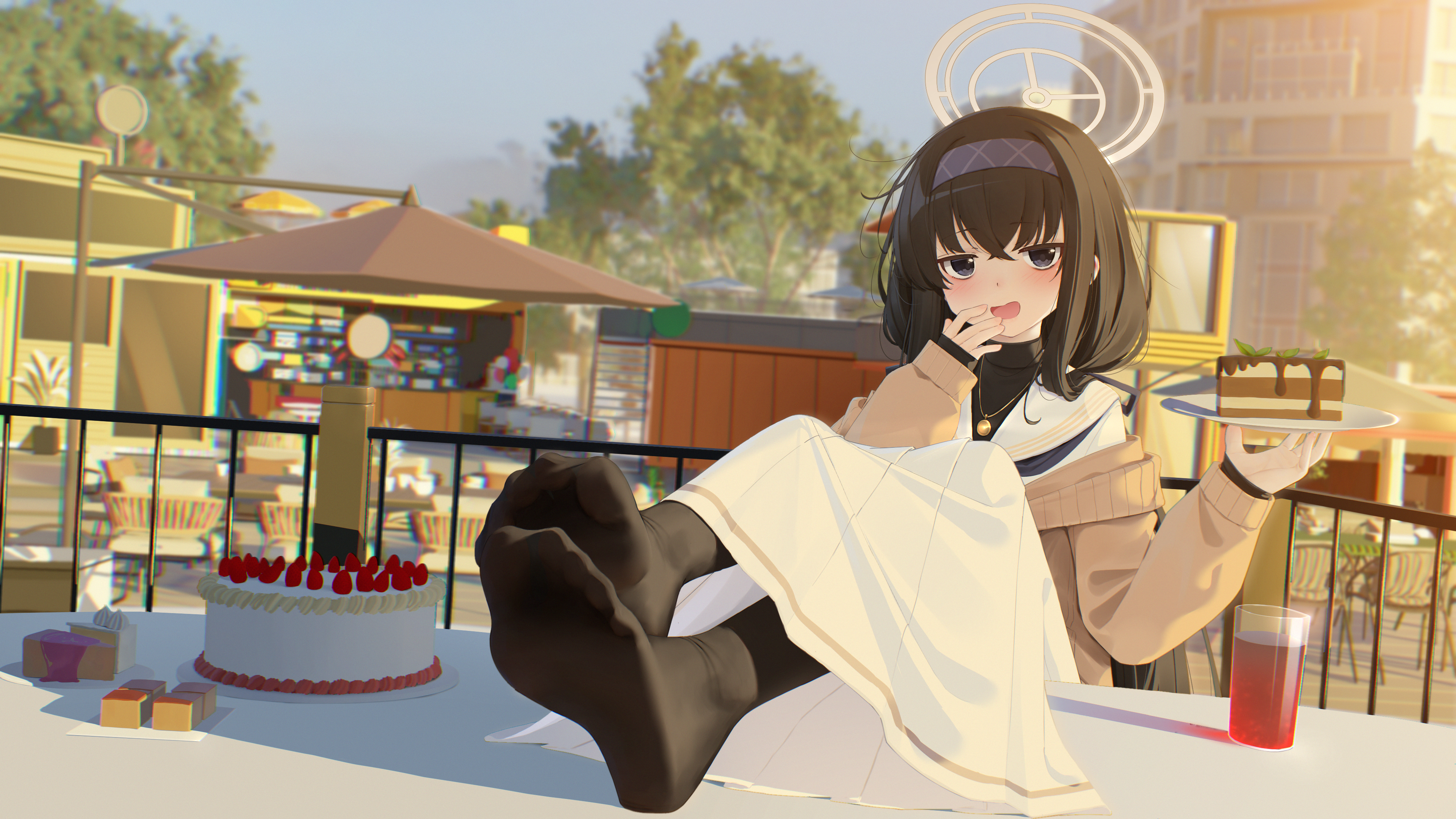 han (hehuihuihui), ui (blue archive), blue archive, absurdres, highres, 1girl, birthday cake, black hair, black pantyhose, blue eyes, blush, cake, cake slice, feet, feet on table, food, hairband, long hair, looking at viewer, open mouth, pantyhose, soles, toes