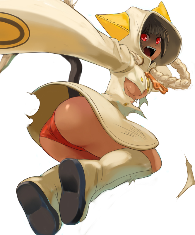 iwaya, taokaka, arc system works, blazblue, 1girl, animal ears, animal hood, ass, boots, breasts, brown hair, cat ears, cat hood, cat tail, dark-skinned female, dark skin, fangs, female focus, hood, hoodie, panties, red eyes, red panties, short hair, solo, tail, torn clothes, underboob, underwear