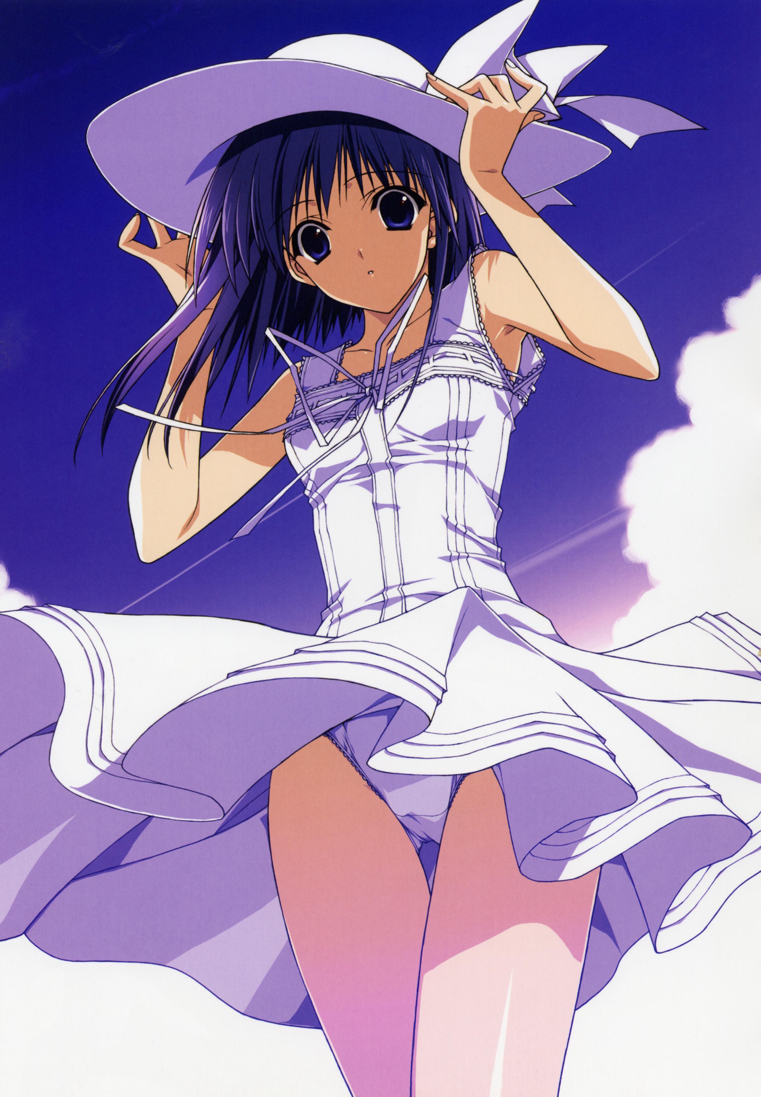 suzuhira hiro, natsuiro no sunadokei, absurdres, highres, 00s, 1girl, blue eyes, blue hair, cloud, dress, female focus, hand on headwear, hat, matching hair/eyes, panties, pantyshot, short hair, skirt, solo, sun hat, underwear, upskirt, white skirt, wind, wind lift