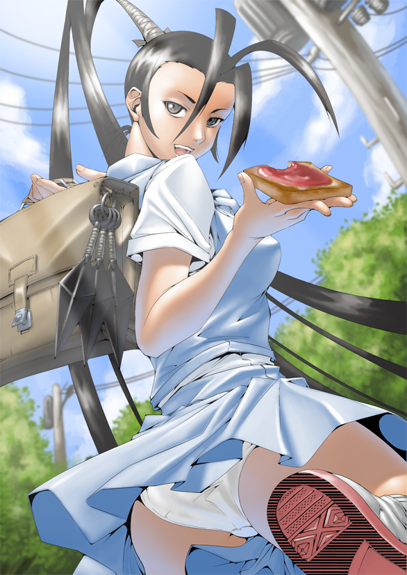 comipa, paolo antonio aguasin, ibuki (street fighter), capcom, street fighter, street fighter iii (series), 1girl, antenna hair, bag, black eyes, black hair, bread, bread slice, female focus, food, kunai, long hair, looking back, panties, ponytail, school bag, school uniform, serafuku, solo, toast, underwear, weapon, white panties