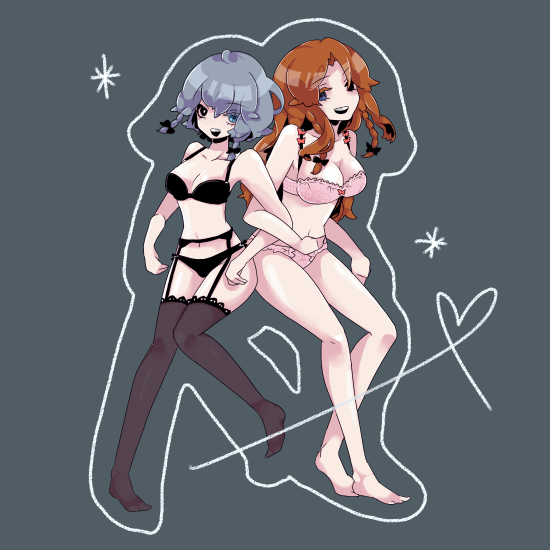 shikimi (yurakuru), hong meiling, izayoi sakuya, embodiment of scarlet devil, touhou, silver hair, bad id, bad pixiv id, 2girls, barefoot, blue eyes, bra, breasts, female focus, garter belt, lingerie, long hair, multiple girls, panties, red hair, ribbon, short hair, thighhighs, underwear, underwear only