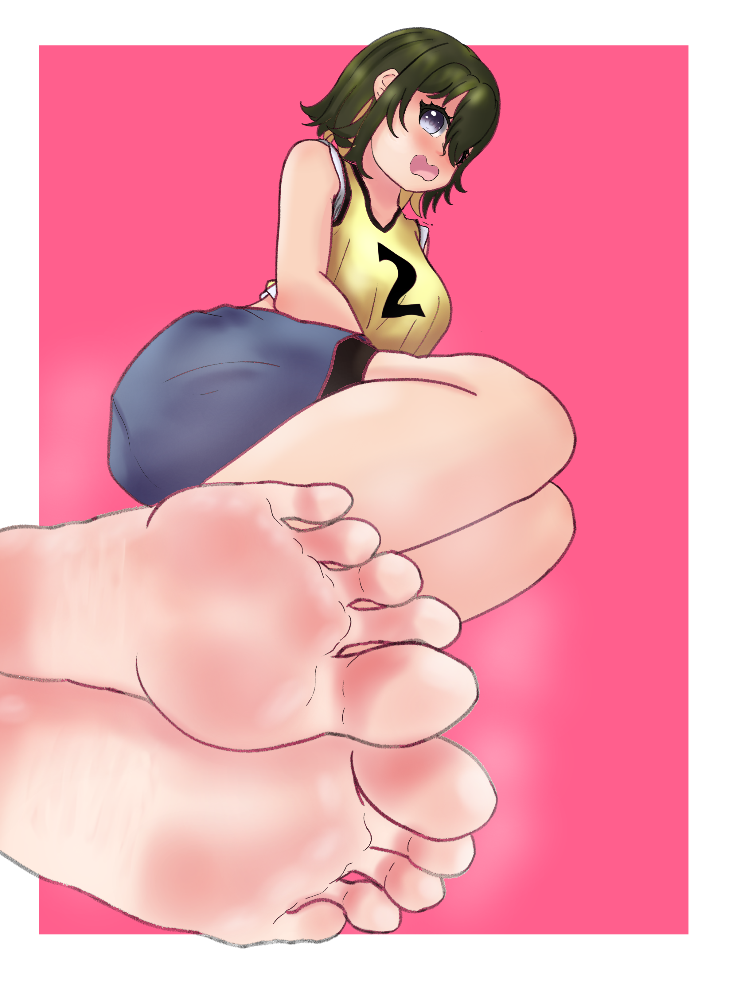 meguruart, akashi maho, d4dj, absurdres, highres, 1girl, barefoot, blue eyes, blush, feet, hair over one eye, looking at viewer, lying, medium hair, on side, open mouth, soles, steam, toes