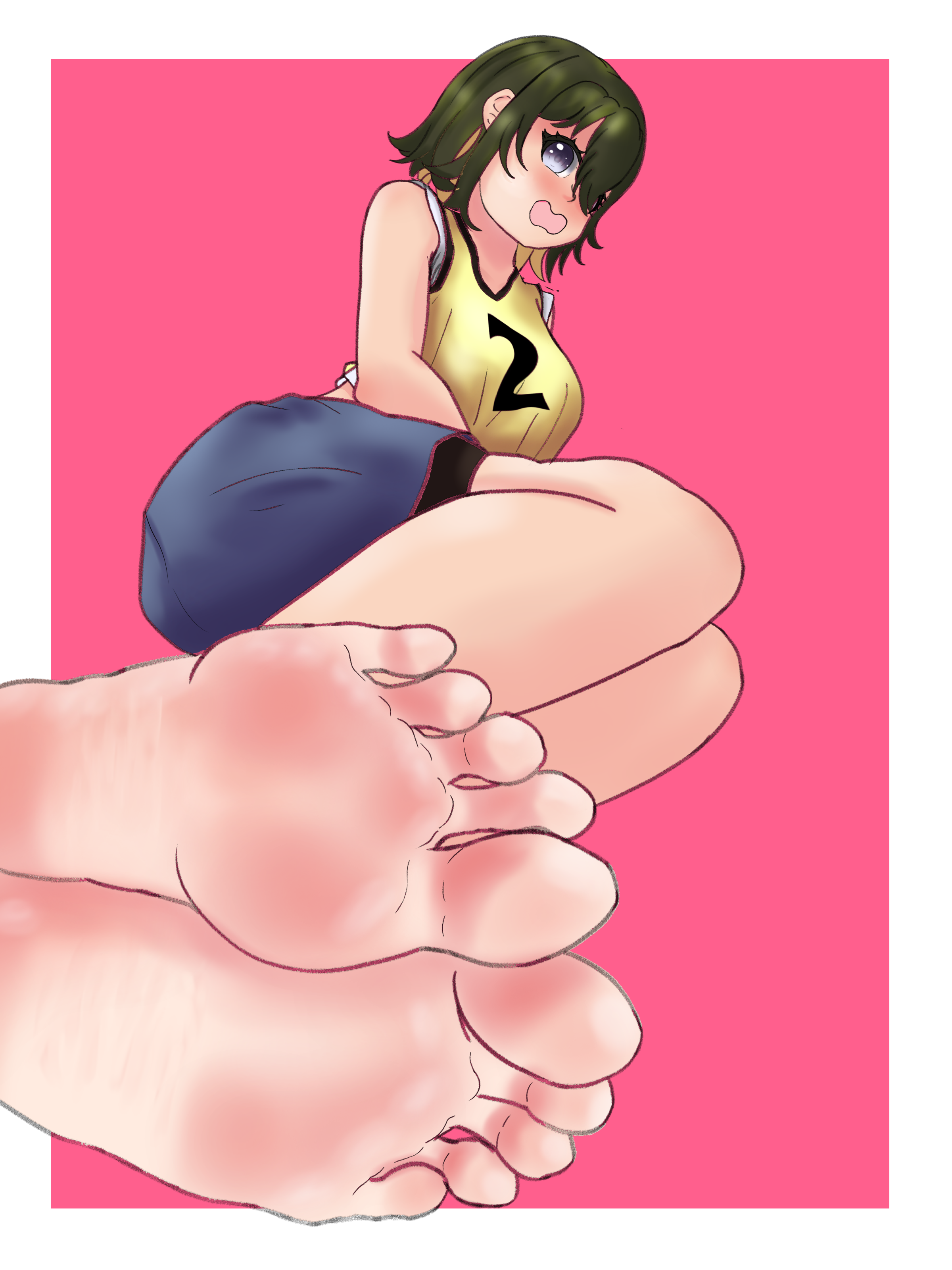 meguruart, akashi maho, d4dj, absurdres, highres, 1girl, barefoot, blue eyes, blush, feet, hair over one eye, looking at viewer, lying, medium hair, on side, open mouth, soles, toes