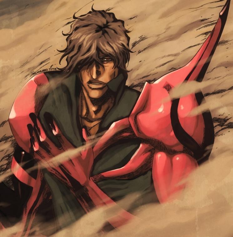 kubo tite, sado yasutora, bleach, 00s, 1boy, armor, brown eyes, brown hair, dark-skinned male, dark skin, dust, male focus, smoke, solo