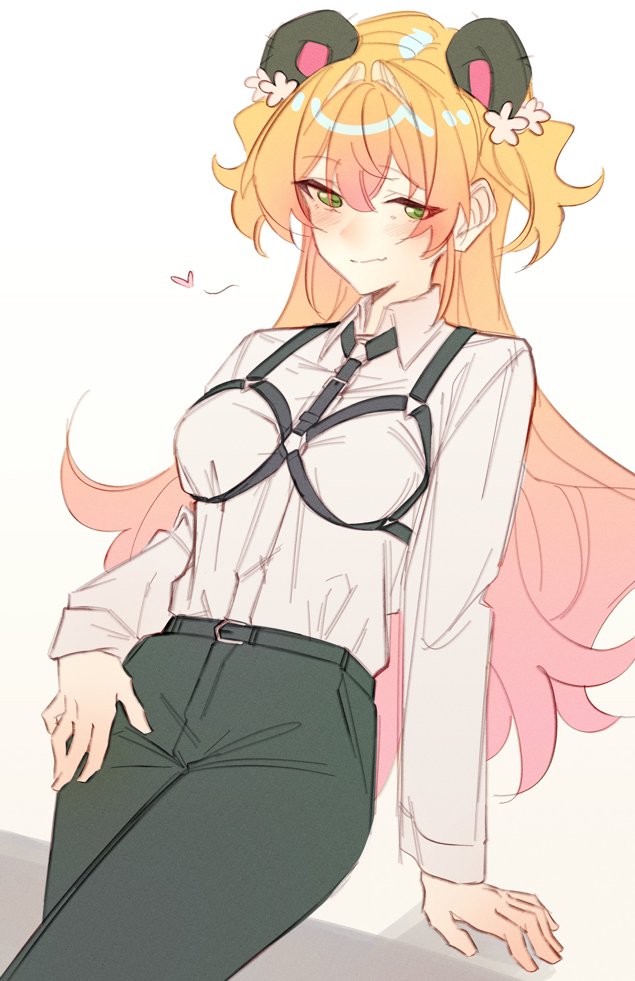 legzy, momosuzu nene, hololive, absurdres, highres, 1girl, alternate costume, animal ears, bear ears, black pants, blonde hair, blush, breasts, chest harness, closed mouth, collared shirt, crossed bangs, fake animal ears, fang, flower, gradient hair, green eyes, green pants, hair flower, hair ornament, hand on own leg, hand rest, harness, heart, long hair, looking at viewer, medium breasts, multicolored hair, necktie, o-ring, o-ring harness, pants, pink hair, shirt, sitting, skin fang, smile, solo, two side up, virtual youtuber, white background, white shirt