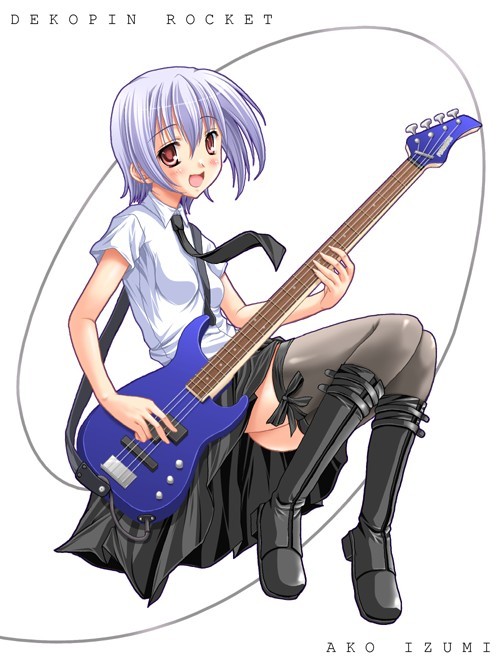 izumi ako, mahou sensei negima!, 00s, 1girl, bass guitar, blue hair, character name, female focus, instrument, solo, thighhighs