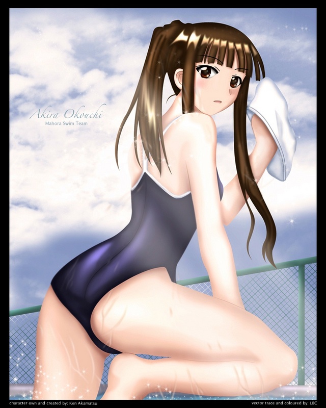 ookouchi akira, mahou sensei negima!, derivative work, vector trace, 00s, 1girl, ass, bare arms, bare legs, barefoot, blue sky, blunt bangs, blush, breasts, brown eyes, brown hair, character name, cloud, facing viewer, female focus, fence, hand up, high ponytail, leg up, long hair, looking at viewer, looking back, matching hair/eyes, one-piece swimsuit, outdoors, parted lips, ponytail, pool, school swimsuit, sky, solo, swimsuit, water, wet