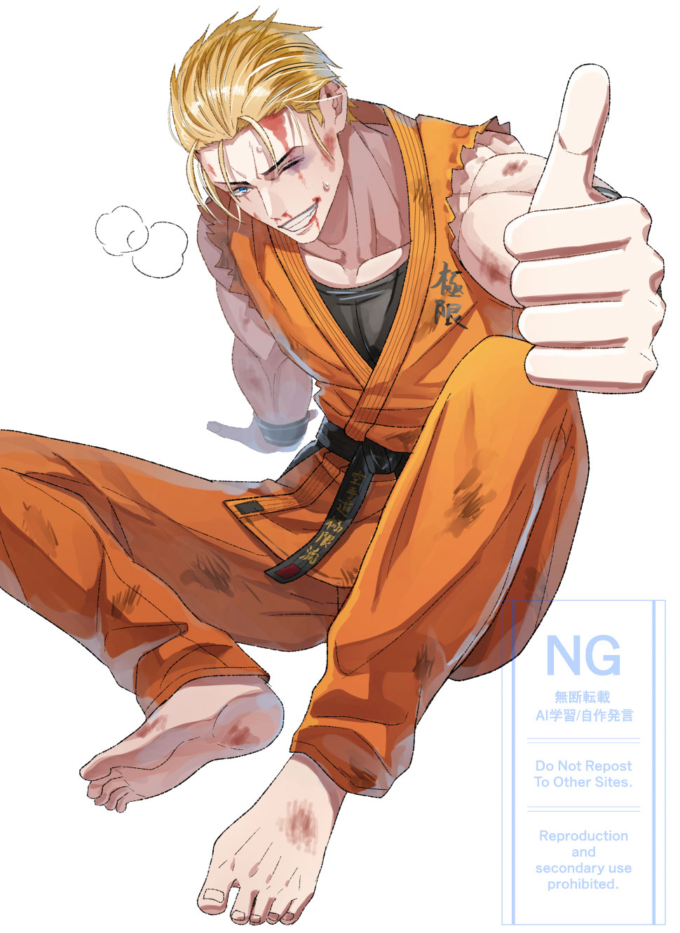 aosa (jmzg2528), ryou sakazaki, ryuuko no ken, the king of fighters, highres, 1boy, barefoot, belt, black belt, blonde hair, blood, blood on face, blue eyes, bruise, bruise on arm, bruised eye, collarbone, dougi, grin, hair slicked back, heavy breathing, injury, looking at viewer, male focus, martial arts belt, muscular, muscular male, one eye closed, orange dougi, short hair, simple background, sitting, smile, solo, sweatband, thumbs up, white background, wristband