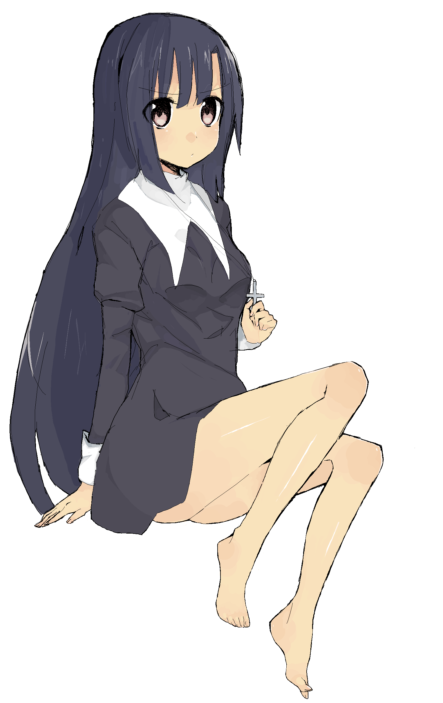 s ko, zange, kannagi, absurdres, highres, 00s, barefoot, black hair, cross, feet, legs, long hair, nun, solo