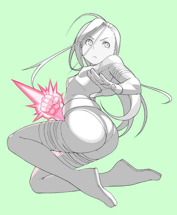 go robots, psylocke, marvel, x-men, 1girl, animification, ass, belt, female focus, green background, long hair, looking back, monochrome, solo, spot color, thighhighs