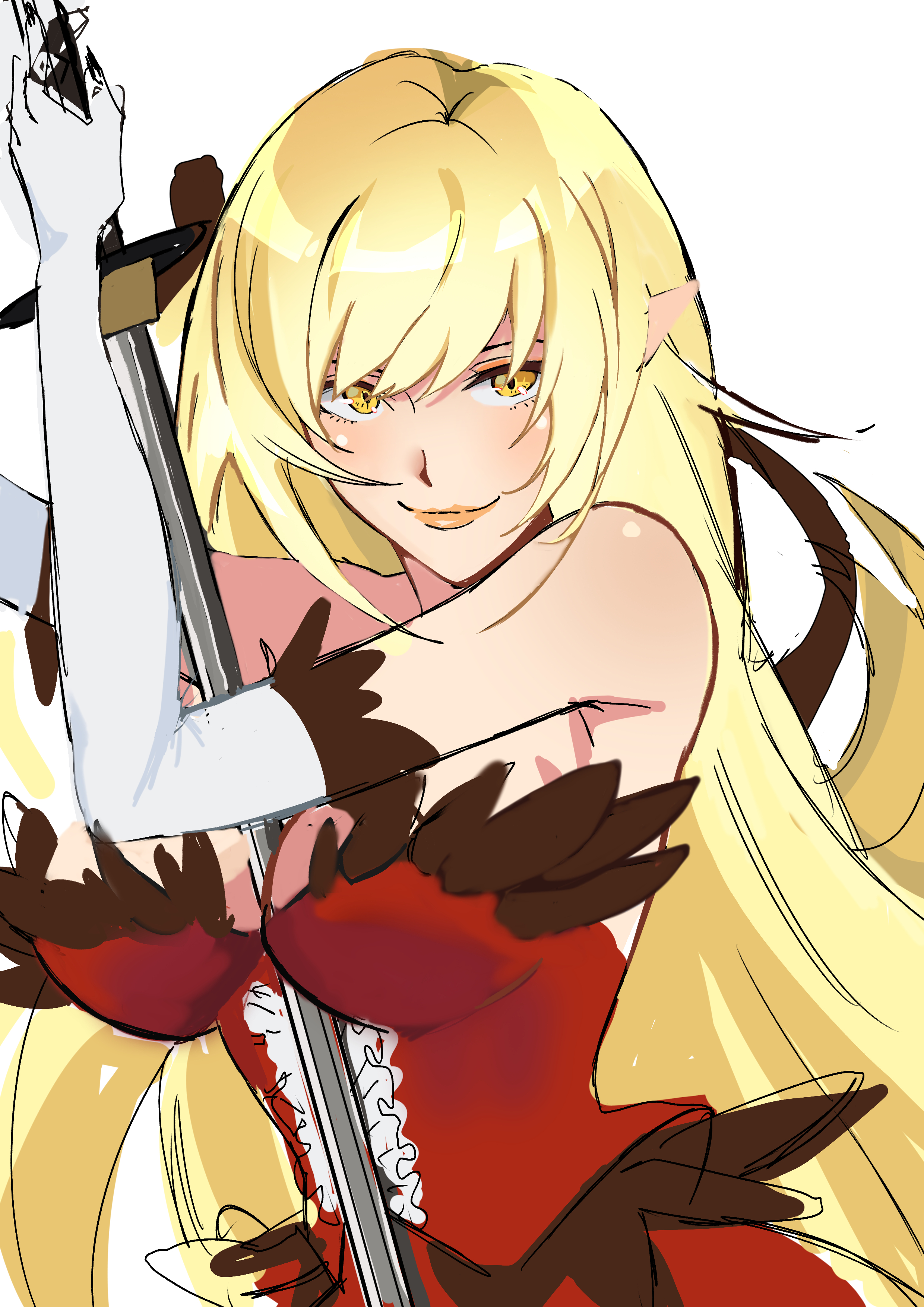 kiss-shot acerola-orion heart-under-blade, oshino shinobu, kizumonogatari, monogatari (series), absurdres, highres, 1girl, bare shoulders, black ribbon, blonde hair, breasts, cleavage, dress, elbow gloves, feather-trimmed dress, feather-trimmed gloves, feather trim, frilled dress, frills, gloves, hair ribbon, kokorowatari, large breasts, long hair, looking at viewer, naoneesama, pointy ears, red dress, ribbon, simple background, smile, solo, strapless, strapless dress, vampire, very long hair, white background, white gloves, yellow eyes