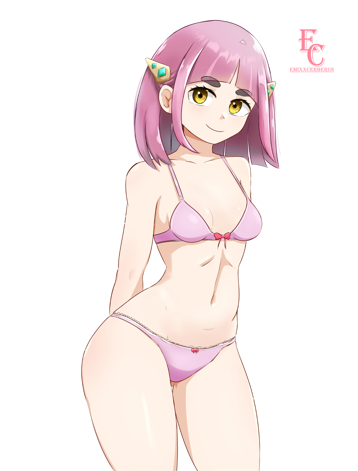 emixxcerberus, lacey (pokemon), nintendo, pokemon, pokemon sv, highres, 1girl, arms behind back, artist name, blunt bangs, bra, breasts, closed mouth, collarbone, cowboy shot, hair ornament, medium hair, navel, panties, pink bra, pink hair, pink panties, simple background, small breasts, smile, solo, stomach, thick eyebrows, thighs, underwear, underwear only, white background, yellow eyes