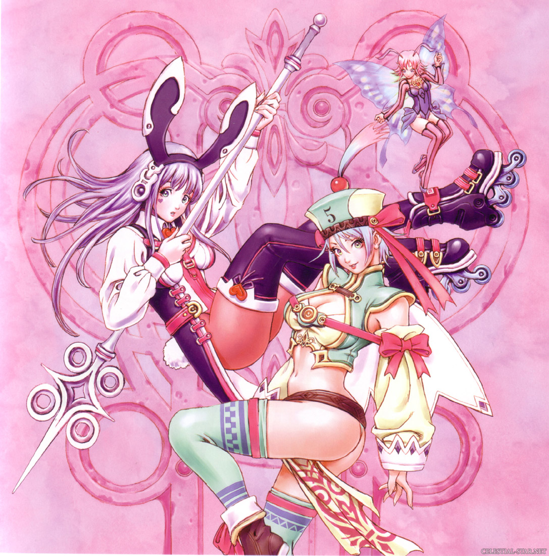 yamashita shun'ya, black legwear, 3girls, animal ear headphones, animal ears, antennae, ass, blue eyes, breasts, breasts apart, butterfly wings, cleavage, cleavage cutout, clothing cutout, detached sleeves, fairy, fake animal ears, from side, green eyes, hair between eyes, hat, headphones, inline skates, insect wings, large breasts, long hair, medium breasts, mini person, minigirl, multiple girls, pantyhose, pelvic curtain, pink hair, playboy bunny, pointy ears, polearm, purple hair, rabbit ear headphones, rabbit ears, rabbit girl, rabbit tail, ribbon, roller skates, short hair, size difference, skates, tail, thighhighs, watermark, weapon, web address, wings