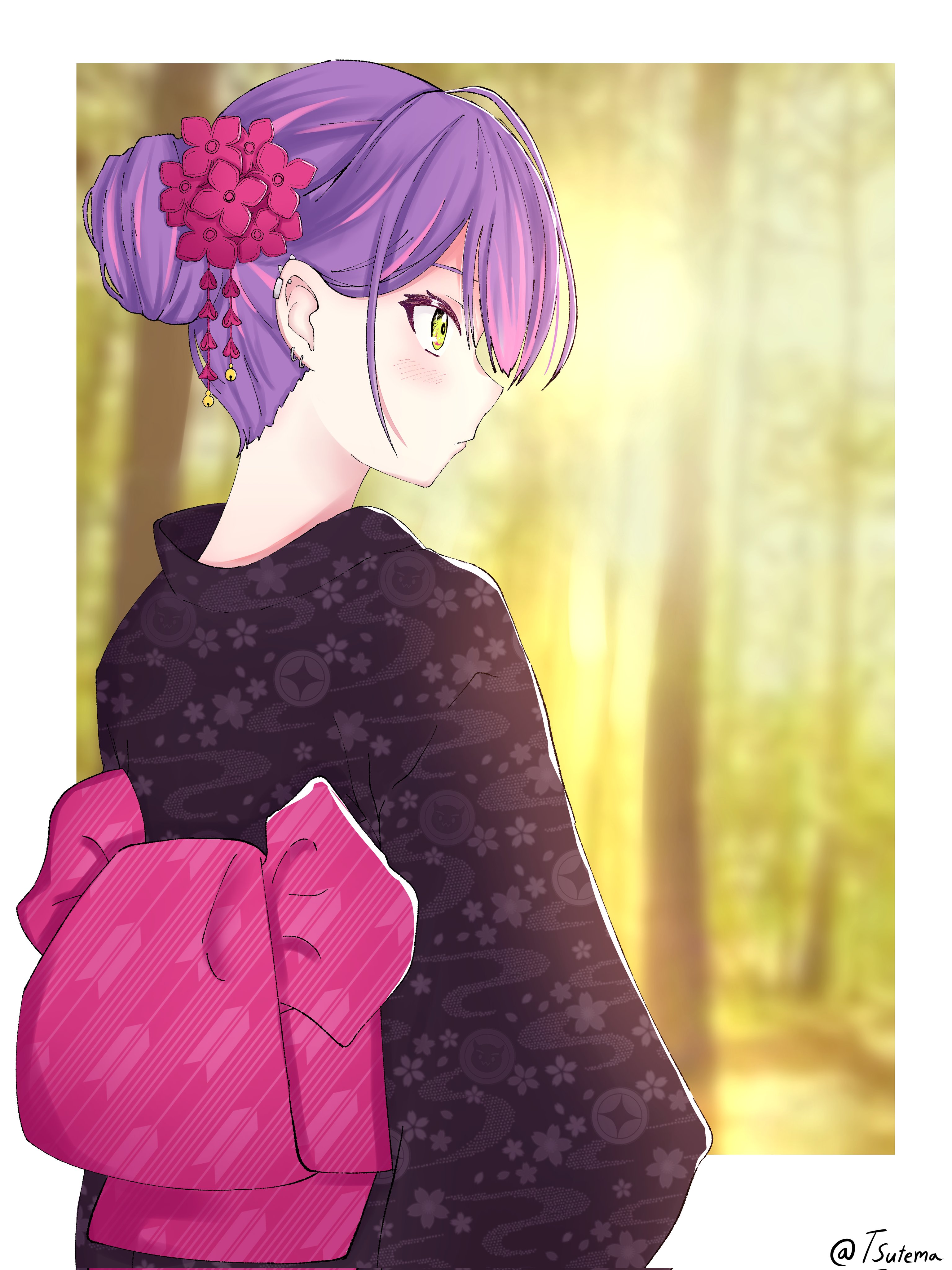 tokoyami towa, hololive, absurdres, highres, 1girl, alternate costume, black kimono, blush, from side, green eyes, hair bun, hair ornament, japanese clothes, kimono, multicolored hair, obi, piercing, sash, solo, tsutema, virtual youtuber