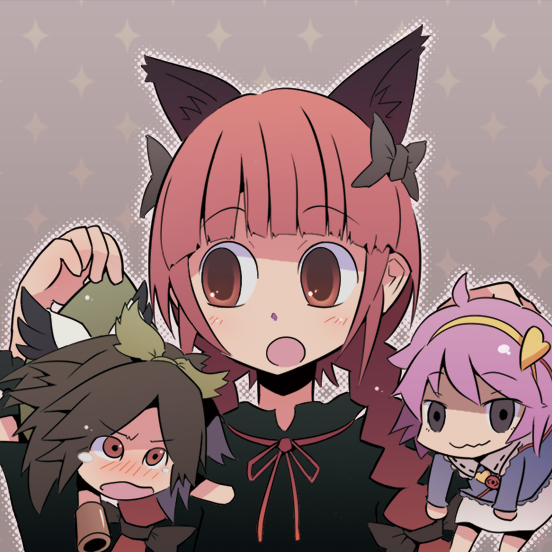 nidieu, kaenbyou rin, komeiji satori, reiuji utsuho, touhou, 3girls, animal ears, blush, braid, brown eyes, brown hair, cat ears, cat girl, chibi, female focus, heart, multiple girls, pink hair, red eyes, red hair, ribbon, skirt, upper body, wings