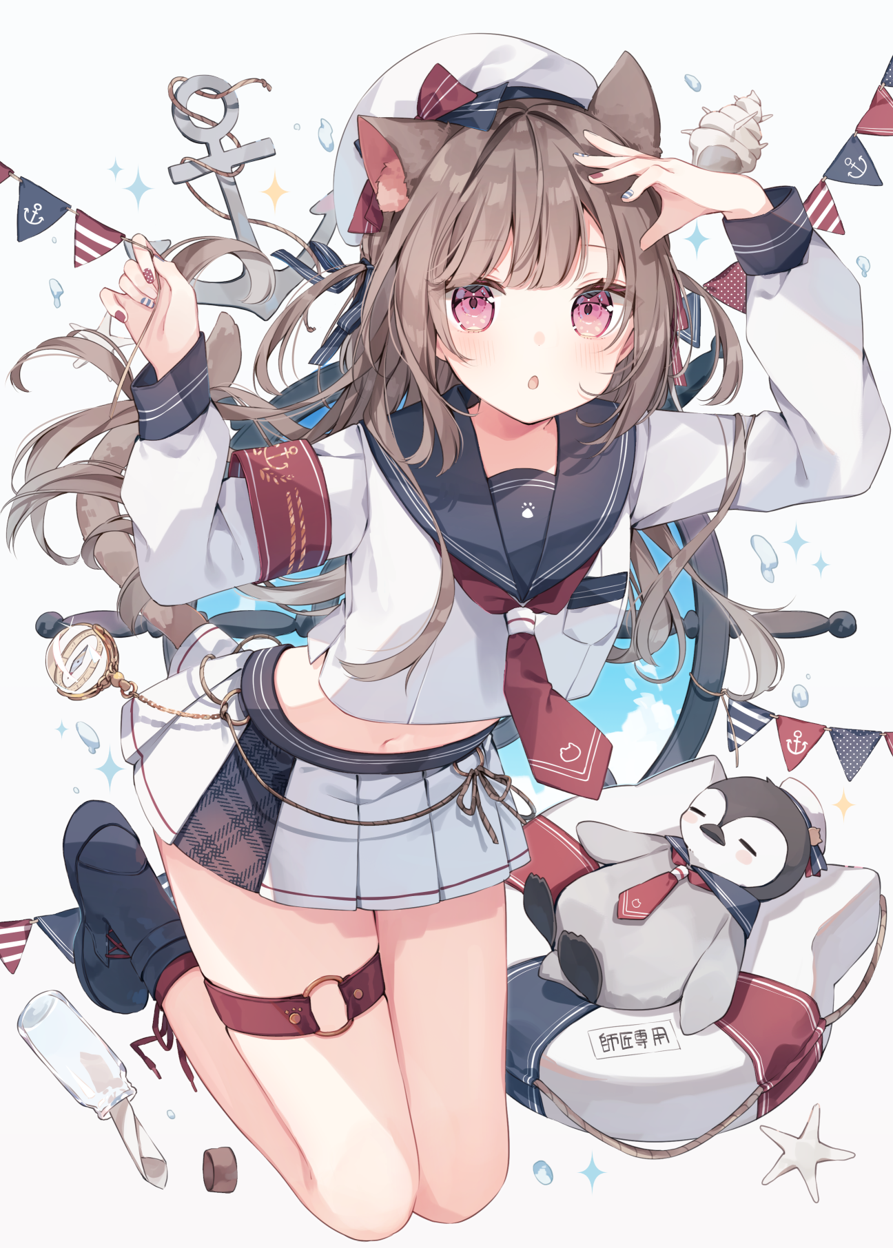 heripiro, original, commentary, english commentary, highres, 1girl, anchor, anchor symbol, animal ear fluff, animal ears, animal print, armband, arms up, beret, black boots, blue sailor collar, boots, bottle, brown hair, cat ears, cat girl, cat print, cat tail, compass, hat, kneeling, long hair, long sleeves, looking at viewer, midriff, miniskirt, multicolored nails, navel, necktie, nekomimi onnanoko (heripiro), open mouth, pink eyes, red armband, red necktie, sailor collar, shell, ship's wheel, shirt, simple background, skirt, solo, sparkle, star (symbol), stuffed animal, stuffed penguin, stuffed toy, tail, white background, white hat, white shirt, white skirt