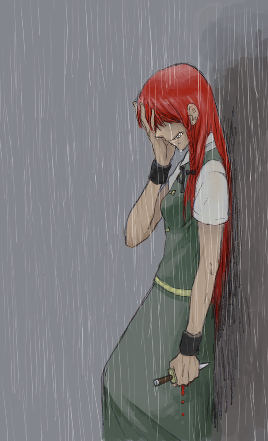 kobushi, yodoro kagyu, hong meiling, embodiment of scarlet devil, touhou, bad id, bad pixiv id, 1girl, bad end, blood, female focus, knife, long hair, rain, red hair, solo, tears, throwing knife, weapon