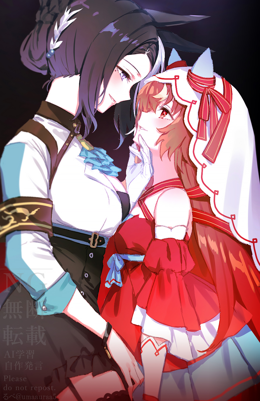 romi (346 ura), mejiro ramonu (onyx line) (umamusume), mejiro ramonu (umamusume), still in love (scarlet vow raiment) (umamusume), still in love (umamusume), umamusume, highres, 2girls, animal ears, aqua ascot, ascot, black hair, black skirt, black thighhighs, blue ascot, blush, bow, bracelet, braid, braided bun, breasts, brown hair, detached sleeves, dress, ear covers, ear ornament, ear ribbon, garter straps, gloves, grin, hair between eyes, hair bun, hair ornament, hand on another's cheek, hand on another's face, horse ears, horse girl, jewelry, long hair, long sleeves, looking at another, medium breasts, mole, mole under eye, multicolored hair, multiple girls, parted lips, purple eyes, red dress, red eyes, ribbon, shirt, simple background, single garter strap, single glove, skirt, small breasts, smile, streaked hair, striped hair, thighhighs, two-tone hair, veil, white gloves, white hair, white shirt, white veil, yuri