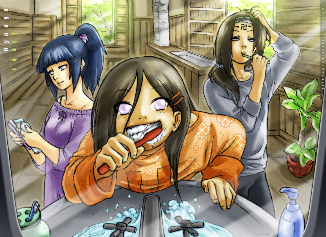 byakuganlove, hyuuga hanabi, hyuuga hinata, hyuuga neji, naruto (classic), naruto (series), bad deviantart id, bad id, 1boy, 2girls, black hair, blue hair, brushing teeth, cousins, hair ornament, hairclip, mirror, multiple girls, pink eyes, plant, siblings, sink, sisters, toothbrush