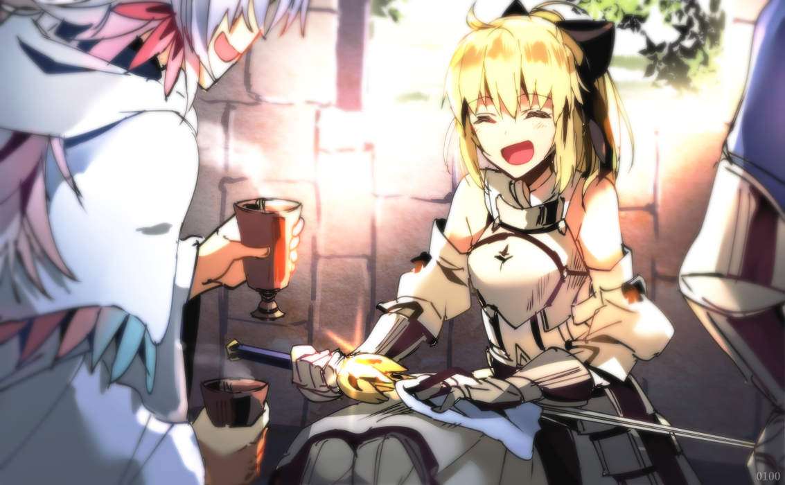 carimarica, artoria pendragon (fate), merlin (fate), saber lily, fate/grand order, fate (series), 1boy, 1girl, blonde hair, closed eyes, cowboy shot, cup, detached sleeves, holding, holding cup, holding sword, holding weapon, light blush, polishing, robe, smile, sword, weapon, white robe