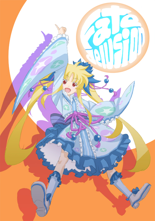 magana, fate testarossa, lyrical nanoha, mahou shoujo lyrical nanoha, 00s, 1girl, :d, arm up, blonde hair, blue thighhighs, boots, female focus, frilled thigh strap, frilled thighhighs, frills, index finger raised, long sleeves, looking at viewer, open mouth, pointing, pointing up, red eyes, smile, solo, thigh strap, thighhighs, zettai ryouiki