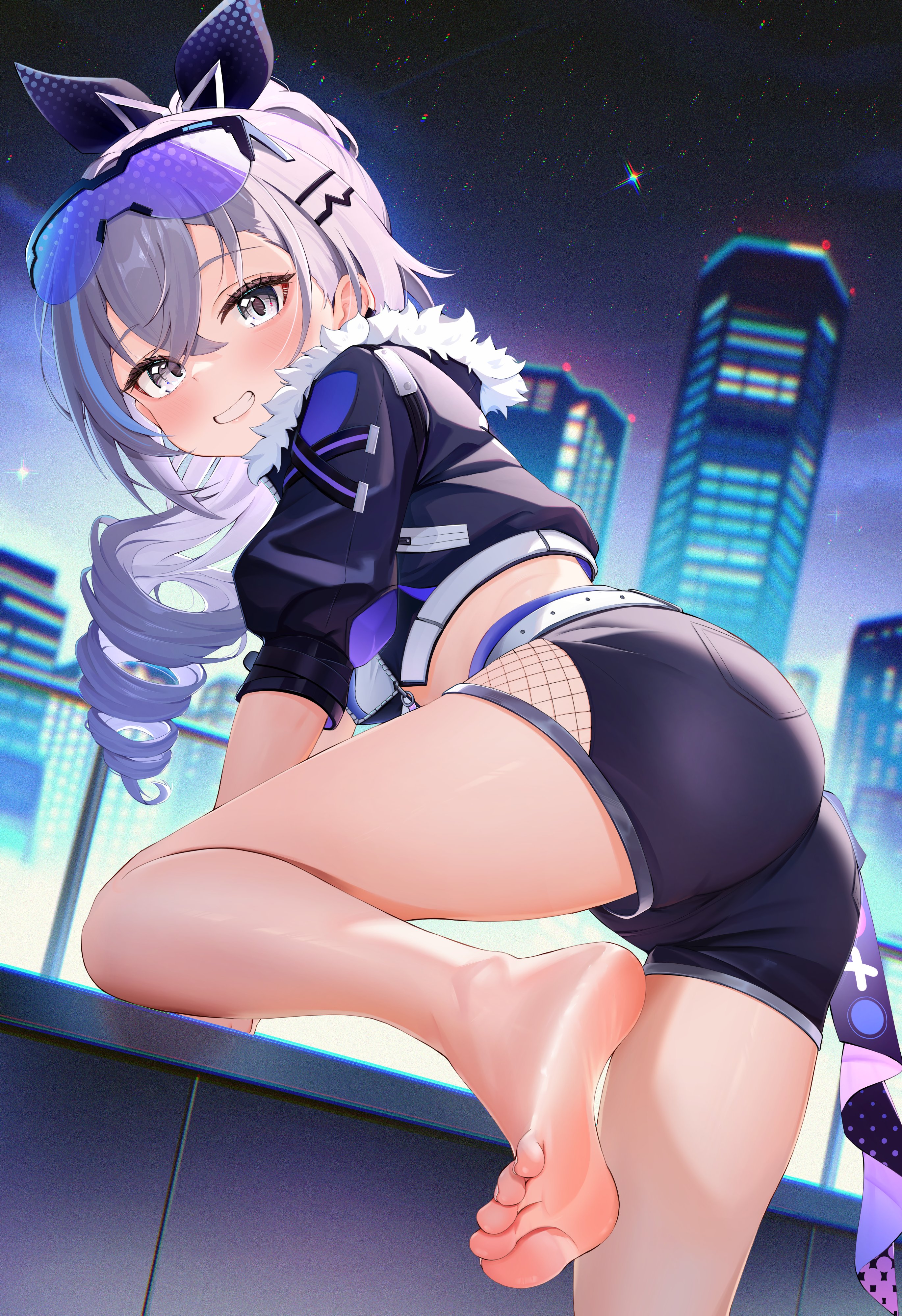 radoremo, silver wolf (honkai: star rail), honkai: star rail, honkai (series), absurdres, highres, 1girl, ass, barefoot, black jacket, black shorts, building, cropped jacket, drill hair, drill ponytail, feet, fur-trimmed jacket, fur trim, goggles, goggles on head, grey eyes, grey hair, grin, high ponytail, jacket, night, night sky, no shoes, outdoors, ponytail, short shorts, shorts, sky, smile, soles, solo, star (sky), starry sky, thigh strap, toes