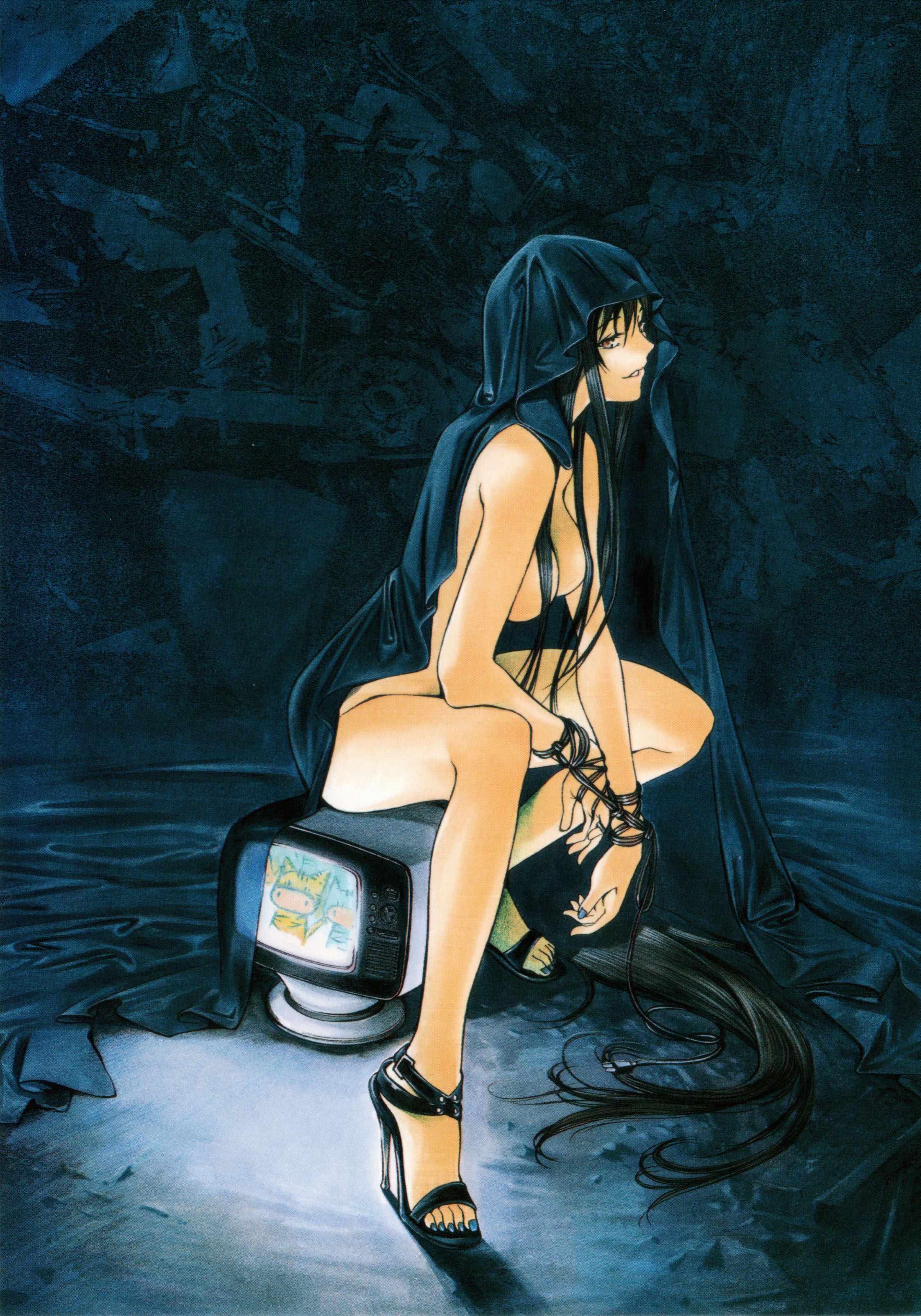 oogure ito, natsume aya, tenjou tenge, absurdres, highres, official art, photoshop (medium), source request, tagme, 1girl, black hair, black sandals, blue nails, breasts, brown eyes, from side, grey nails, hair censor, hair spread out, high heels, legs, legs apart, lips, long hair, long legs, looking to the side, medium breasts, nail polish, nude, parted lips, sandals, sitting, smile, solo, television, very long hair
