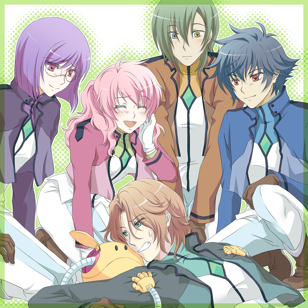 meg (artist), meg maru2, allelujah haptism, feldt grace, haro, lockon stratos, lyle dylandy, setsuna f. seiei, tieria erde, gundam, gundam 00, uniform, bad id, bad pixiv id, 00s, 1girl, 4boys, :d, ^ ^, blue hair, blush, brooch, brown hair, closed eyes, gem, glasses, green hair, hug, jewelry, multiple boys, open mouth, pink hair, purple eyes, purple hair, rimless eyewear, short hair, smile