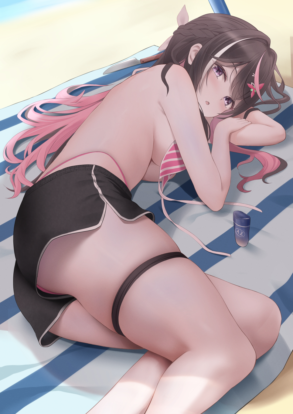 seriponpoyon, azki (hololive), hololive, commentary request, highres, 1girl, ass, beach, bikini, bikini under shorts, black hair, black shorts, braid, breasts, cleavage, colored inner hair, day, dolphin shorts, double-parted bangs, hair intakes, hair ornament, hairclip, half up half down braid, highleg, highleg bikini, knife, large breasts, long hair, looking at viewer, lotion, lying, multicolored hair, on side, open mouth, outdoors, pink bikini, pink hair, purple eyes, shorts, solo, streaked hair, striped bikini, striped clothes, sunscreen, swimsuit, thigh strap, underboob, untied bikini top, virtual youtuber, white hair