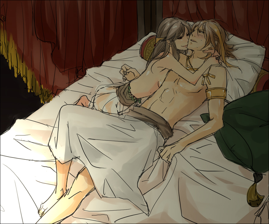 ario (solopart), alexandra (sound horizon), leontius, moira, sound horizon, 1boy, 1girl, bed, blush, breast press, breasts, couple, hetero, hug, small breasts, smile, topless female