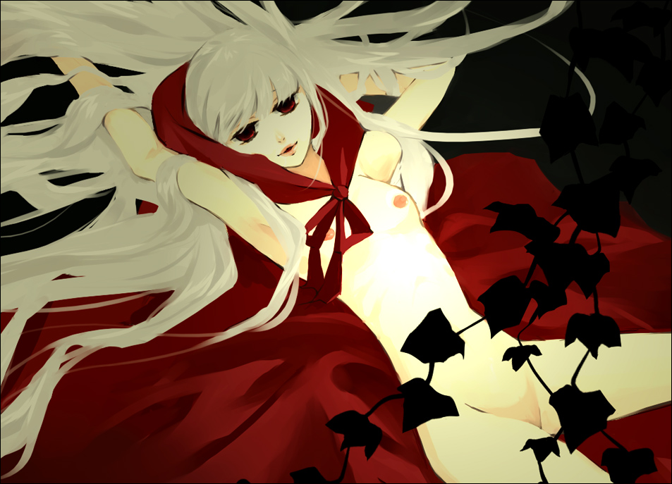 ario (solopart), lafrenze, elysion, sound horizon, albino, laughing, long hair, nude, red eyes, solo, white hair