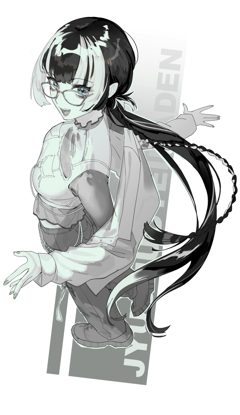 murechika, juufuutei raden, hololive, hololive dev is, highres, 1girl, :d, blue eyes, bodystocking, braid, breasts, casual, chain belt, character name, from side, full body, glasses, long hair, medium breasts, midriff, multicolored hair, open mouth, shirt, single braid, smile, solo, spot color, streaked hair, torn clothes, torn shirt, virtual youtuber