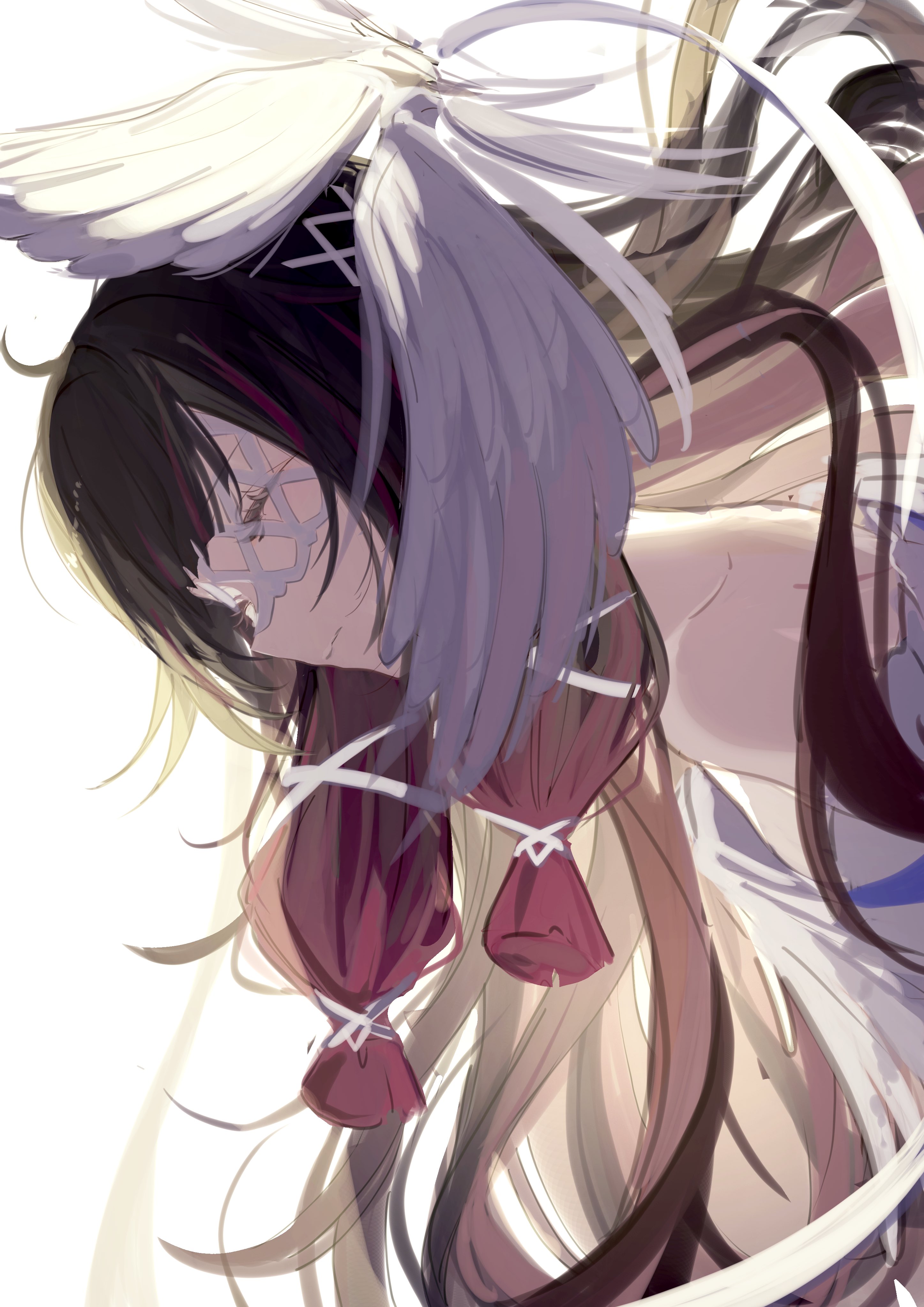 magnet 8 8, columbina (genshin impact), genshin impact, absurdres, highres, 1girl, bare shoulders, black hair, closed eyes, closed mouth, dress, eye mask, fatui coat, hair ornament, head wings, long hair, multicolored hair, pink hair, sideways, simple background, solo, streaked hair, two-tone hair, very long hair, white background, white dress, white mask, wings