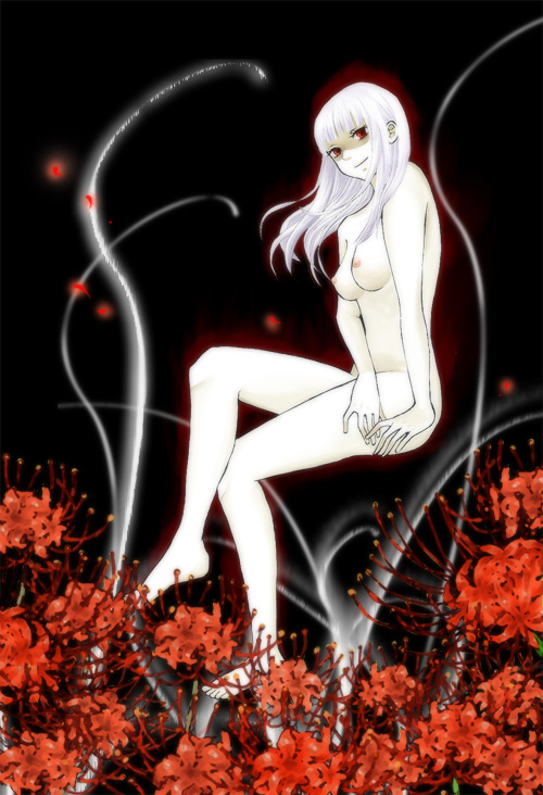 lafrenze, elysion, sound horizon, 1girl, albino, breasts, female focus, flower, long hair, medium breasts, nipples, nude, pale skin, red eyes, rose, smile, solo, white hair