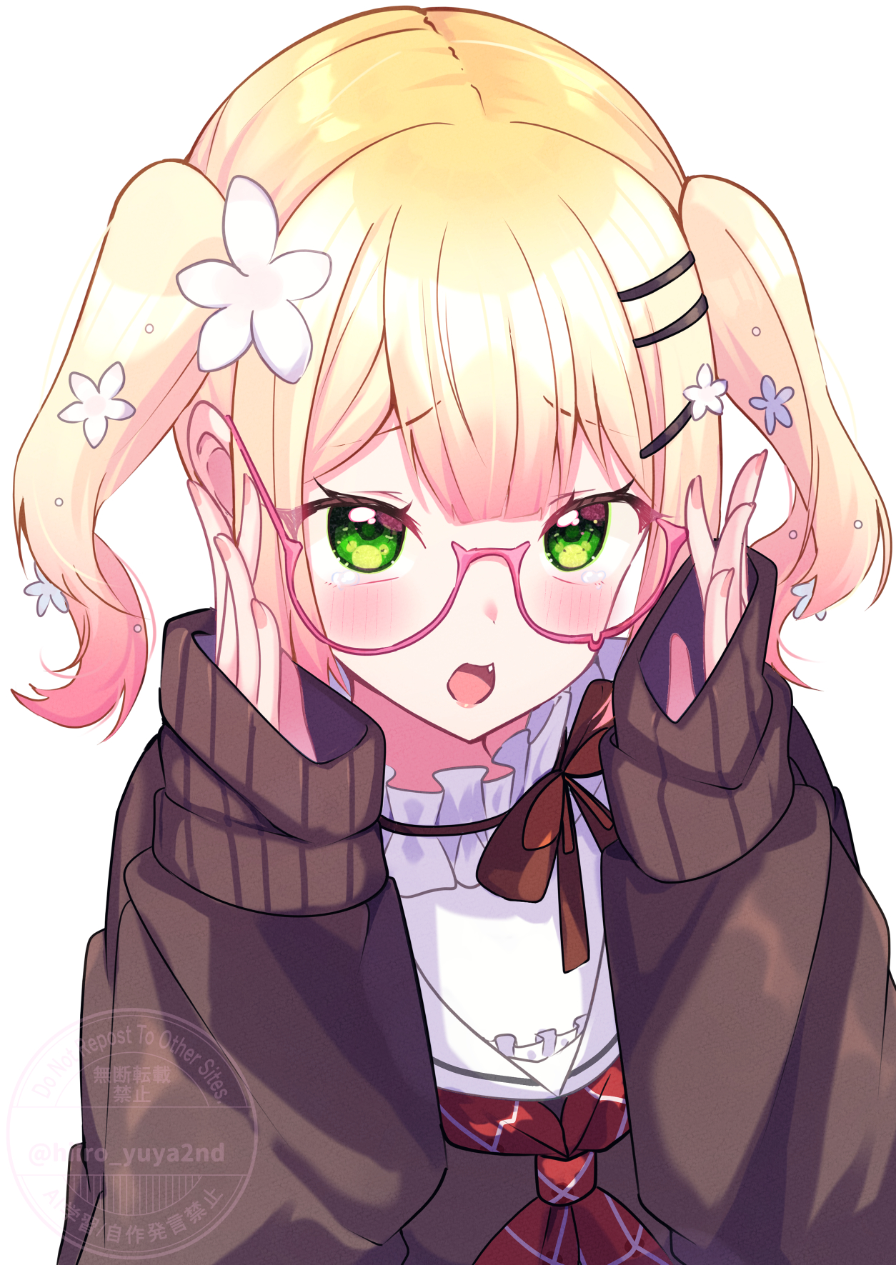 hiiro yuya, momosuzu nene, momosuzu nene (casual), hololive, commentary request, highres, 1girl, adjusting eyewear, blonde hair, blush, bow, bowtie, brown bow, brown bowtie, brown cardigan, cardigan, center-flap bangs, collar, crying, fang, flower, frilled collar, frilled shirt, frills, glasses, gradient hair, green eyes, hair flower, hair ornament, hairclip, hands up, long sleeves, looking at viewer, medium hair, multicolored hair, neckerchief, official alternate costume, official alternate hair length, official alternate hairstyle, open mouth, pink-framed eyewear, pink hair, plaid clothes, plaid neckerchief, red neckerchief, sad, semi-rimless eyewear, shirt, sidelocks, simple background, sleeves past wrists, solo, teardrop-framed glasses, tearing up, twintails, twitter username, under-rim eyewear, upper body, virtual youtuber, watermark, white background, white flower