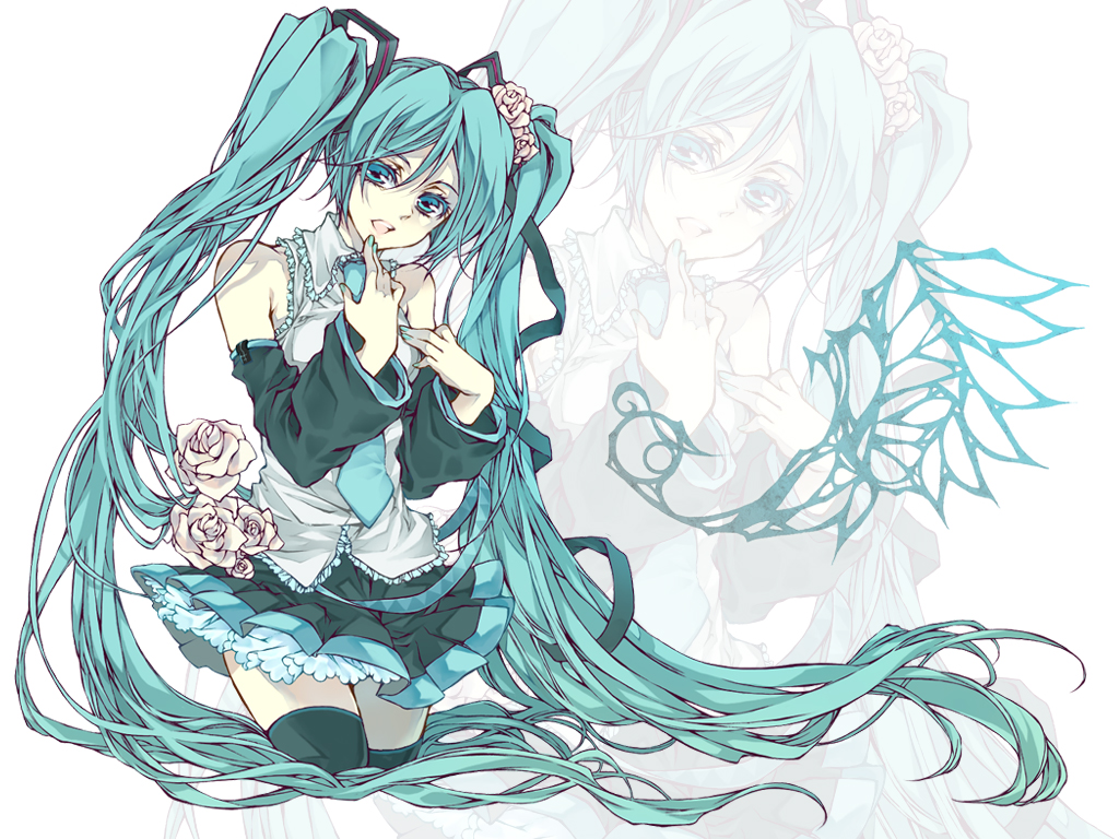 yue (pixiv), hatsune miku, vocaloid, bad id, bad pixiv id, aqua eyes, aqua hair, flower, long hair, nail polish, necktie, solo, thighhighs, very long hair