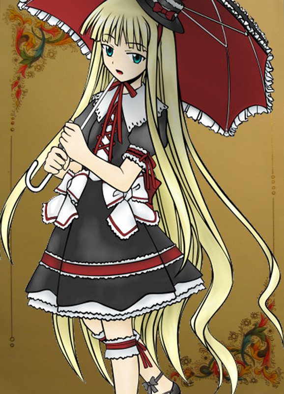 evangeline a.k. mcdowell, mahou sensei negima!, 00s, blonde hair, goth fashion, long hair, parasol, solo, umbrella, vampire, very long hair