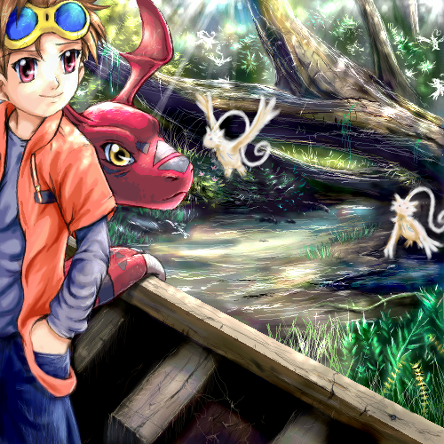 digignome, guilmon, matsuda takato, digimon, digimon tamers, lowres, 00s, 1boy, brown hair, claws, digimon (creature), diginome, goggles, male focus, monster, red eyes, short hair, solo, tree, water, yellow eyes