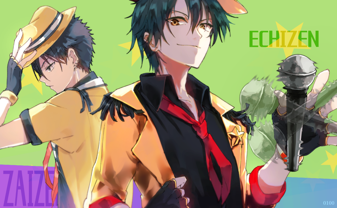 carimarica, character request, 2boys, adjusting clothes, adjusting headwear, fingerless gloves, gloves, hat, holding, holding microphone, jacket, lapel pin, microphone, multiple boys, necktie, red necktie, short hair, spiked hair, spinning, upper body, yellow eyes, yellow hat, yellow jacket