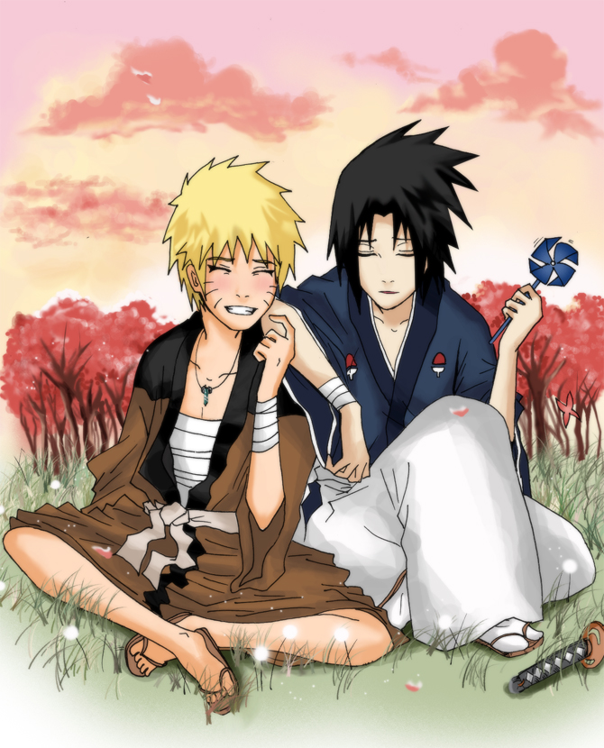 uchiha sasuke, uzumaki naruto, naruto (classic), naruto (series), artist request, 2boys, ^ ^, bandaged arm, bandages, blonde hair, closed eyes, cloud, crest, facial mark, family crest, japanese clothes, jewelry, multiple boys, necklace, outdoors, pink sky, pinwheel, sitting, sky, spiked hair, sword, tabi, tree, weapon, whisker markings