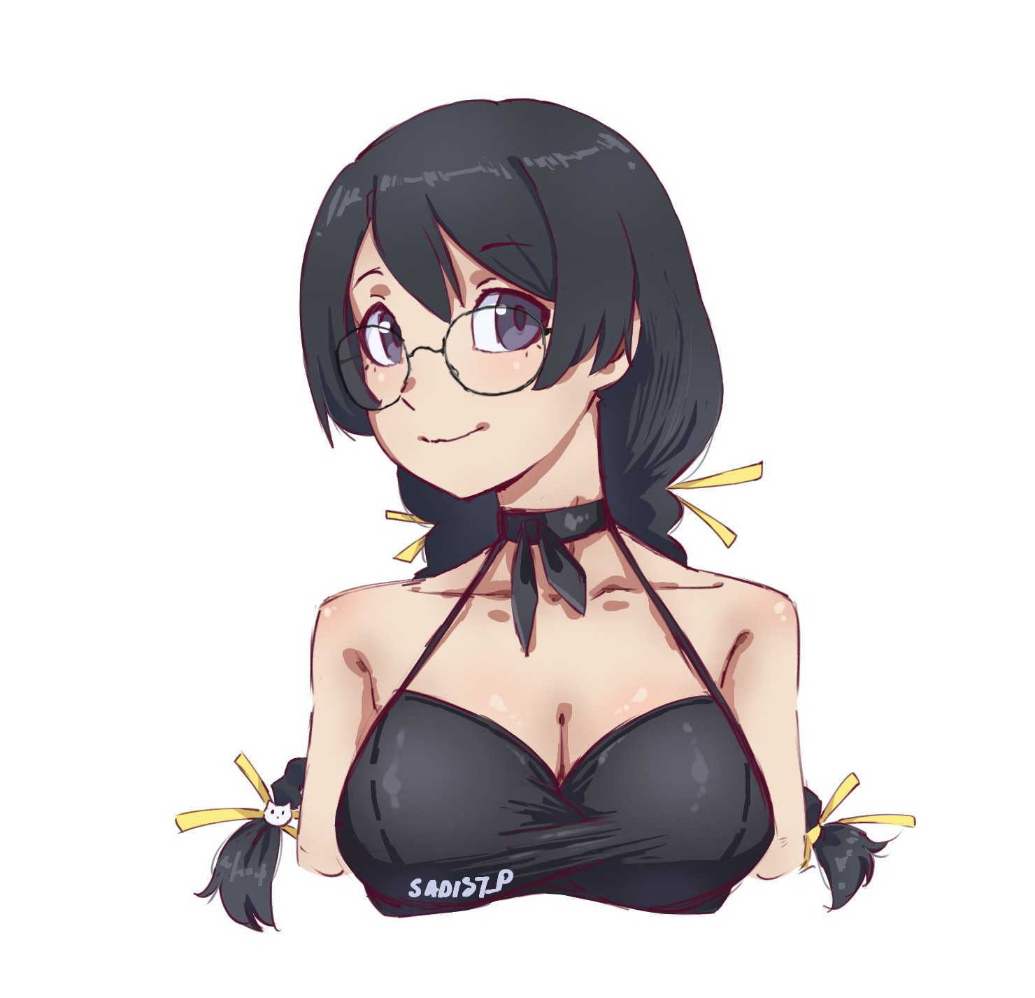 sadist potatoe, hanekawa tsubasa, monogatari (series), highres, 1girl, bare shoulders, black choker, black dress, black hair, braid, breasts, choker, cleavage, dress, glasses, hair ornament, hairclip, large breasts, long hair, looking at viewer, purple eyes, round eyewear, smile, solo, twin braids, twitter username