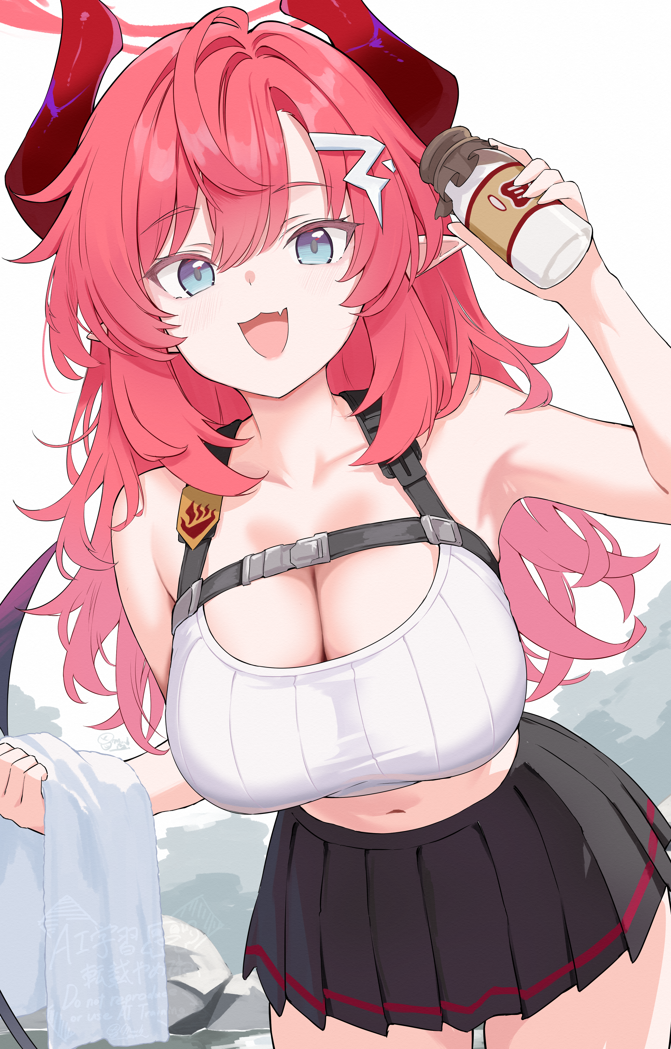 mushpz, megu (blue archive), blue archive, absurdres, commentary, highres, 1girl, :3, alternate hairstyle, black skirt, blue eyes, blush, bottle, breasts, cleavage, crop top, demon girl, demon horns, demon tail, fang, glass bottle, halo, holding, holding bottle, holding towel, horns, huge breasts, leaning forward, long hair, looking at viewer, midriff, milk bottle, miniskirt, open mouth, pleated skirt, pointy ears, red hair, red halo, red horns, skin fang, skirt, smile, solo, tail, towel