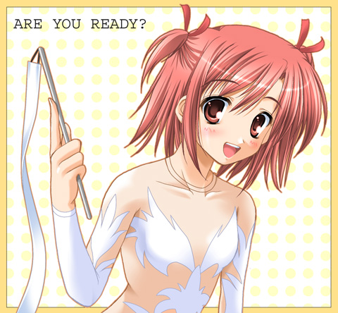 sasaki makie, mahou sensei negima!, lowres, 00s, blush, english text, gymnastics, leotard, open mouth, rhythmic gymnastics, ribbon, ribbon baton, smile, solo