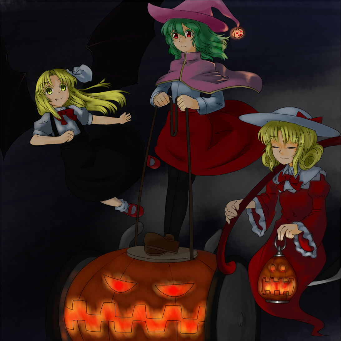 kamakura kakuni, elly (touhou), kazami yuuka, kazami yuuka (pc-98), kurumi (touhou), touhou, touhou (pc-98), 3girls, alternate costume, black pantyhose, black wings, blonde hair, brown shoes, capelet, closed eyes, dress, flying, ghost, ghost tail, green eyes, green hair, halloween, halloween costume, hat, holding, holding scythe, jack-o'-lantern, lantern, long hair, long sleeves, multiple girls, pantyhose, pink capelet, pink hat, pumpkin, red dress, red eyes, red shirt, red shoes, red skirt, ribbon, scythe, shirt, shoes, skirt, smile, wings, witch, witch hat, yellow eyes