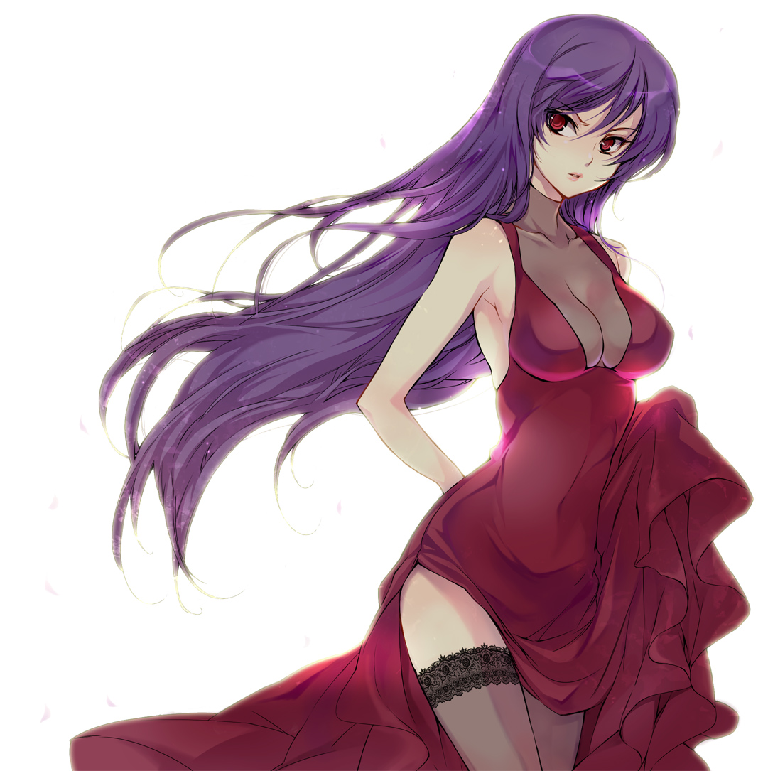 yue (pixiv), tieria erde, gundam, gundam 00, bad id, bad pixiv id, 00s, 1girl, breasts, cleavage, clothes lift, dress, dress lift, female focus, genderswap, genderswap (mtf), long hair, purple hair, red eyes, skirt, skirt lift, solo, thighhighs, trap