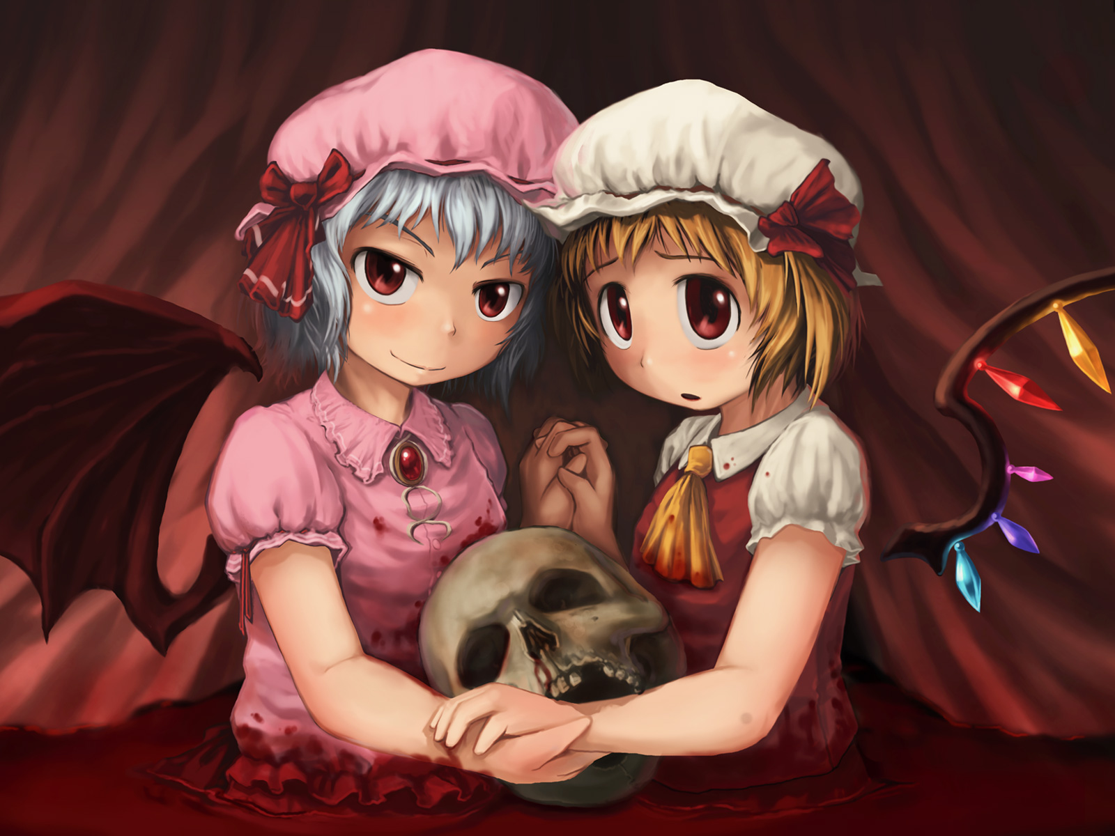 yukiman, flandre scarlet, remilia scarlet, touhou, highres, 2girls, blonde hair, blood, blue hair, female focus, hat, holding hands, multiple girls, pool of blood, red eyes, ribbon, short hair, siblings, sisters, skull, symmetrical hand pose, wings