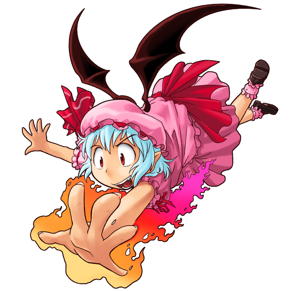 yukiman, remilia scarlet, game center arashi, touhou, 1girl, bat wings, blue hair, falling, female focus, flaming hand, full body, hat, red eyes, ribbon, short hair, simple background, solo, somersault, white background, wings