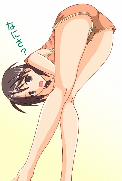 akashi yuuna, mahou sensei negima!, translated, 00s, 1girl, ass, bent over, female focus, knees together feet apart, looking back, panties, pantyshot, shorts, simple background, solo, standing, striped clothes, striped panties, underwear, upshorts