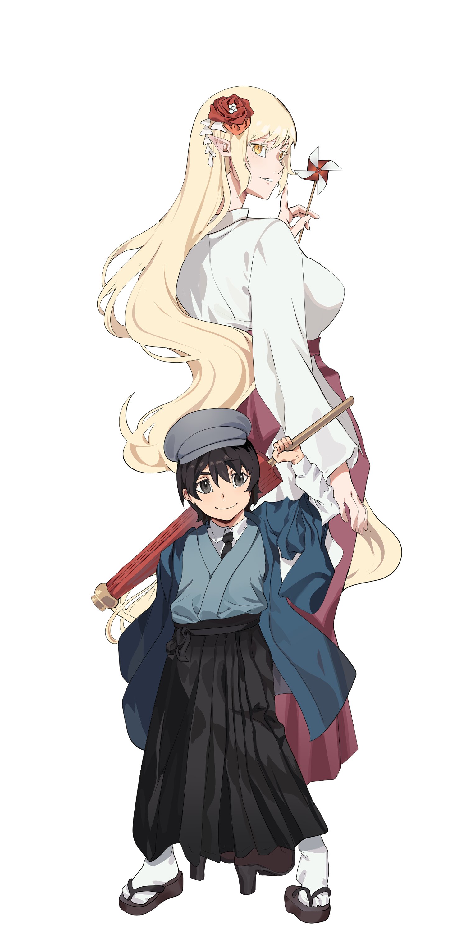 firstdayiyui, araragi koyomi, kiss-shot acerola-orion heart-under-blade, oshino shinobu, kizumonogatari, monogatari (series), absurdres, highres, 1boy, 1girl, black eyes, black hair, blonde hair, breasts, high heels, japanese clothes, kimono, large breasts, long hair, pointy ears, short hair, simple background, smile, vampire, very long hair, white kimono, yellow eyes