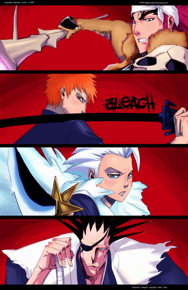 abarai renji, hitsugaya toushirou, kurosaki ichigo, zaraki kenpachi, bleach, 00s, 4boys, bankai, copyright name, haori, japanese clothes, male focus, multiple boys, sword, taichou haori, weapon